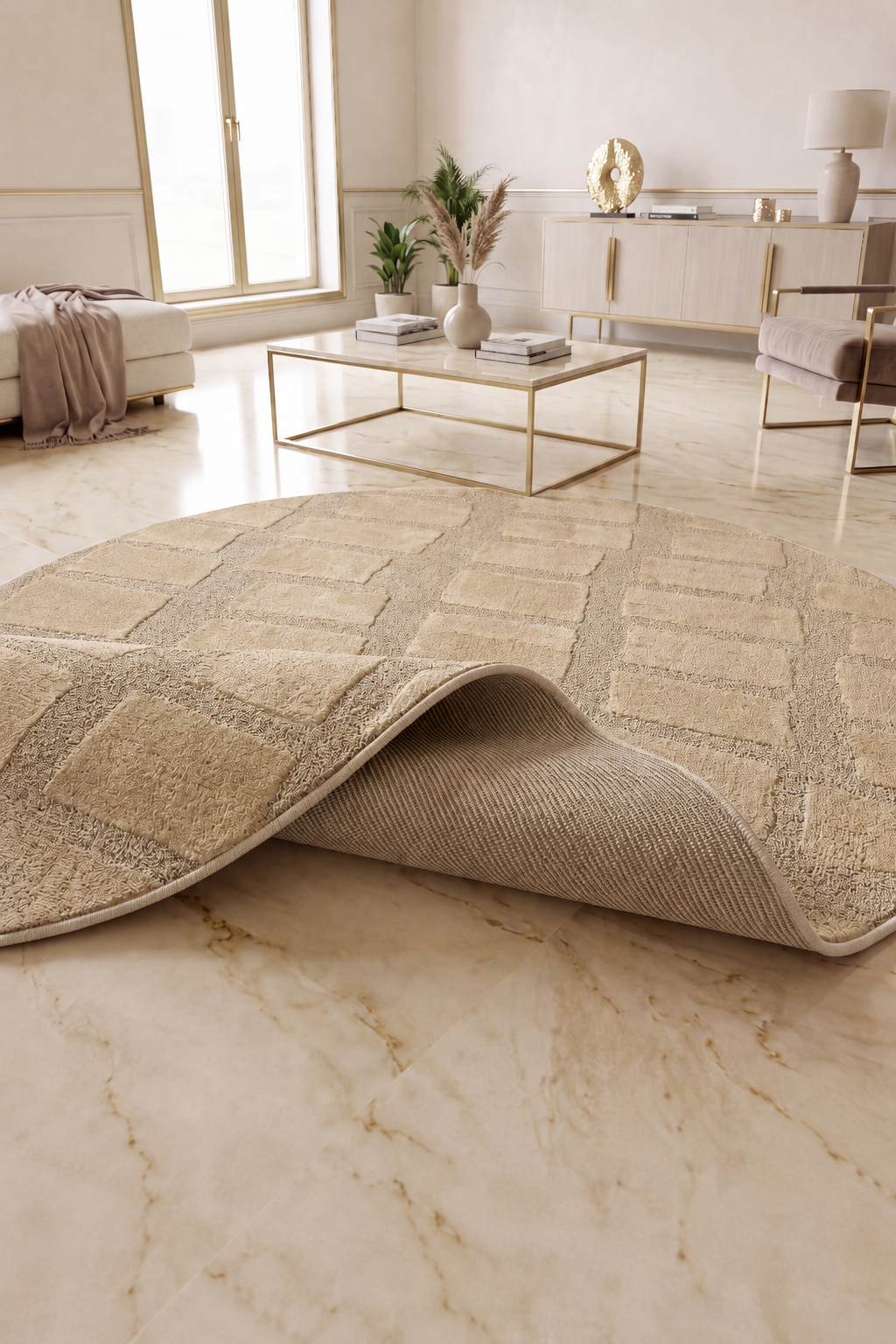 Rond Japandi Vloerkleed Linea Block Beige