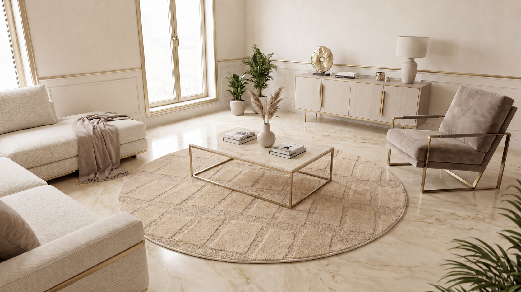 Rond Japandi Vloerkleed Linea Block Beige