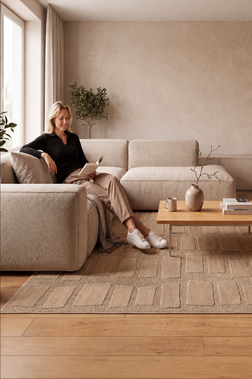 Japandi Vloerkleed Linea Block Beige