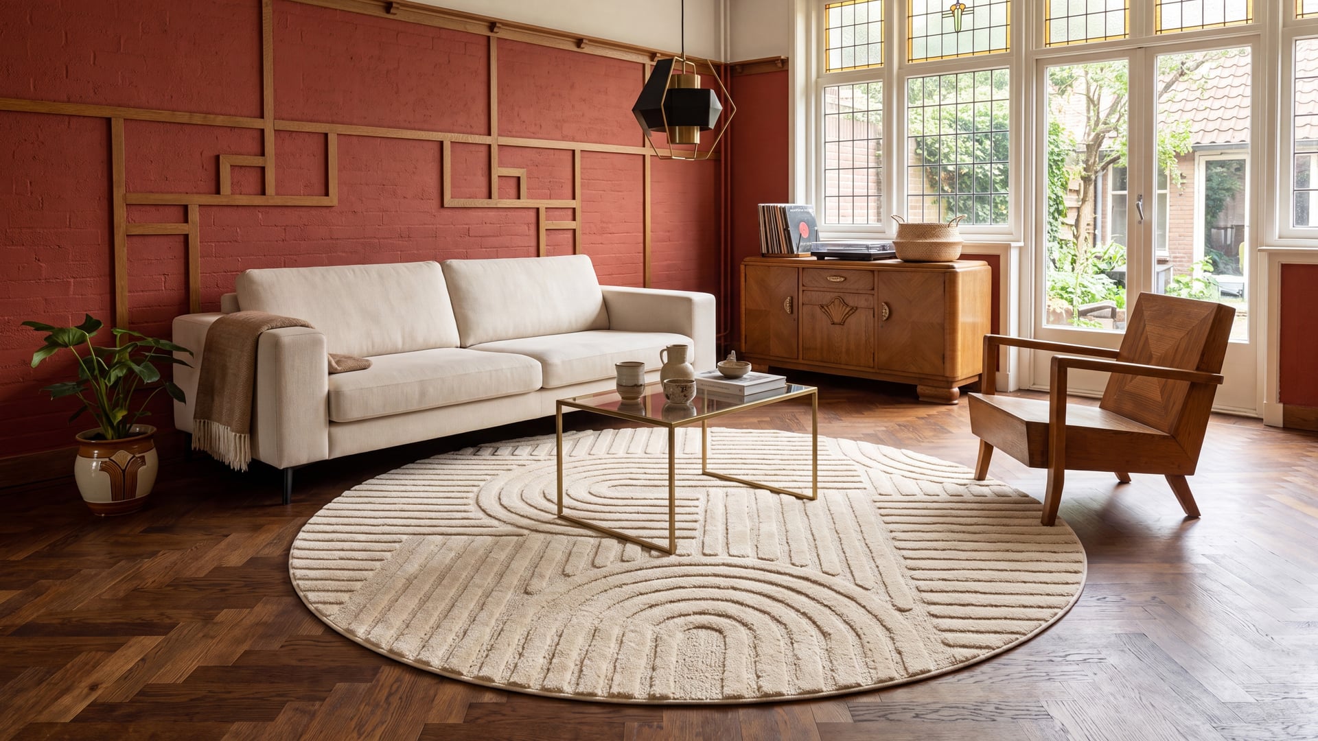 Rond Japandi Vloerkleed - Linea Curve Creme