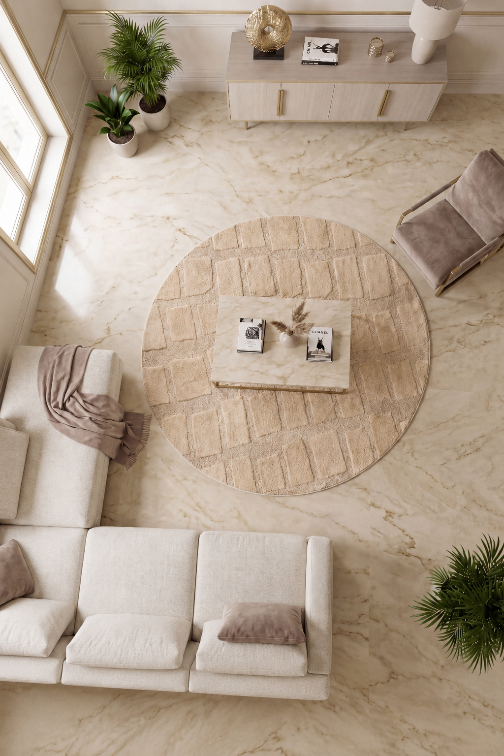Rond Japandi Vloerkleed Linea Block Beige