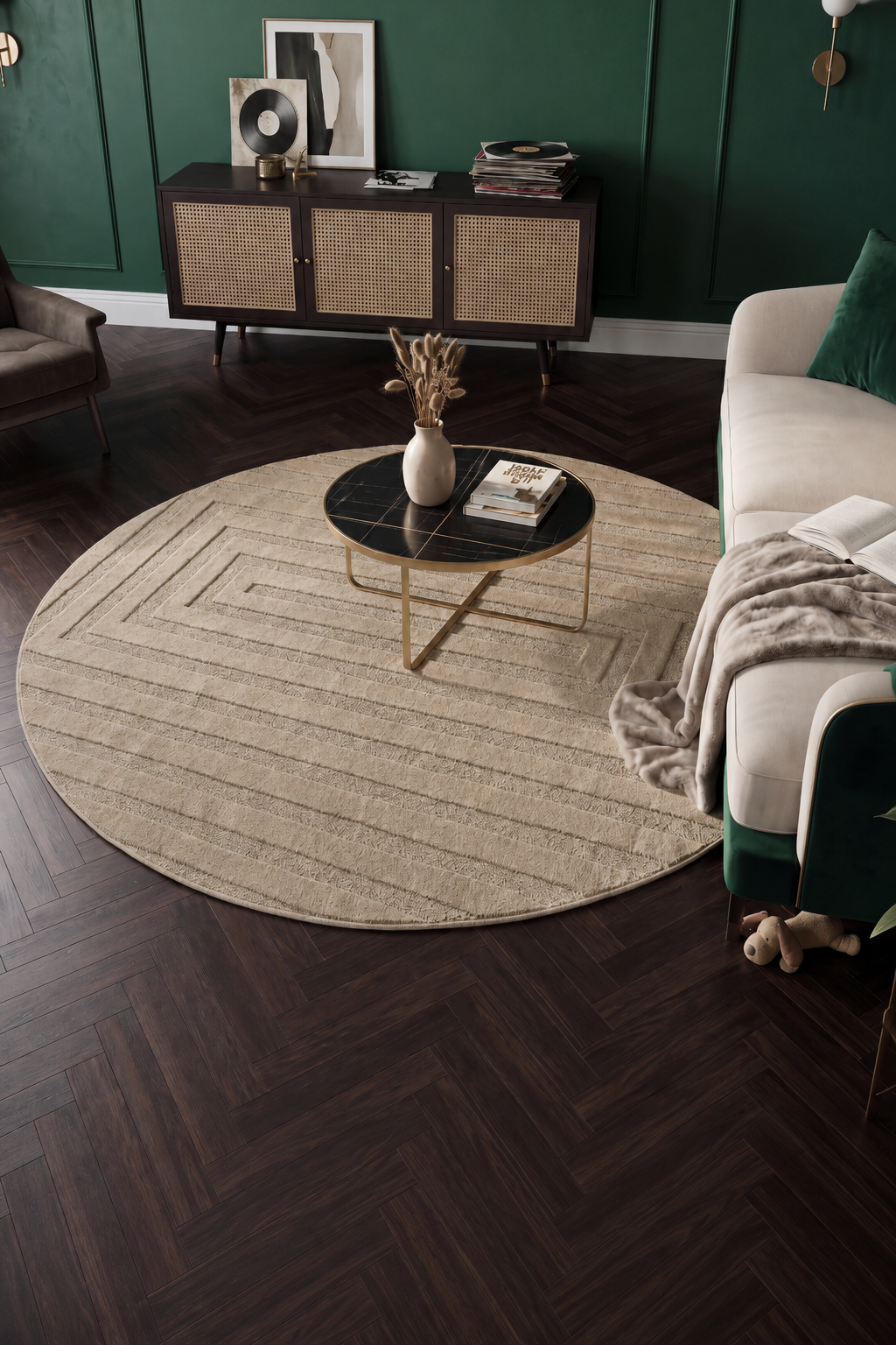 Rond Japandi Vloerkleed Linea Frame Beige