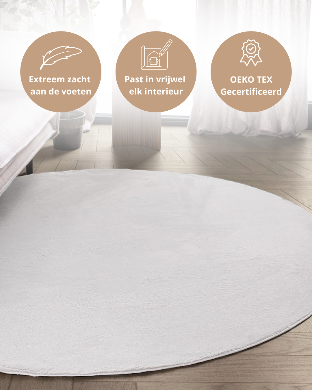 Rond Japandi Vloerkleed - Ovara Plano Gebroken Wit