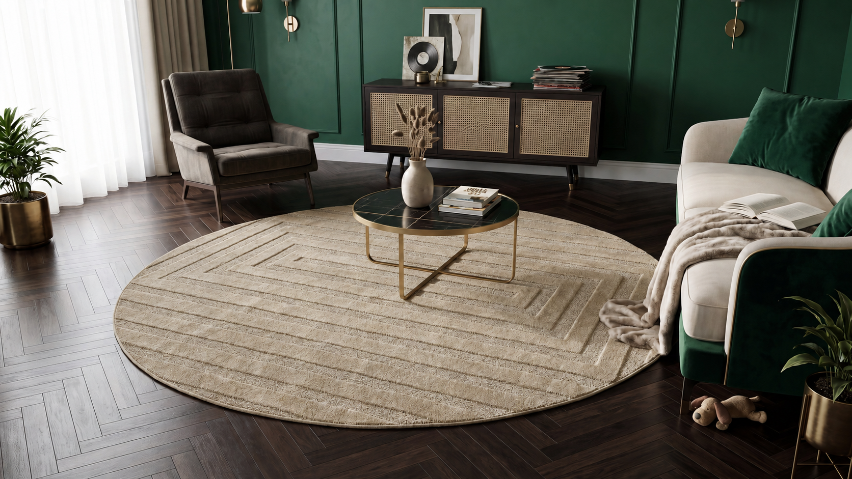 Rond Japandi Vloerkleed Linea Frame Beige