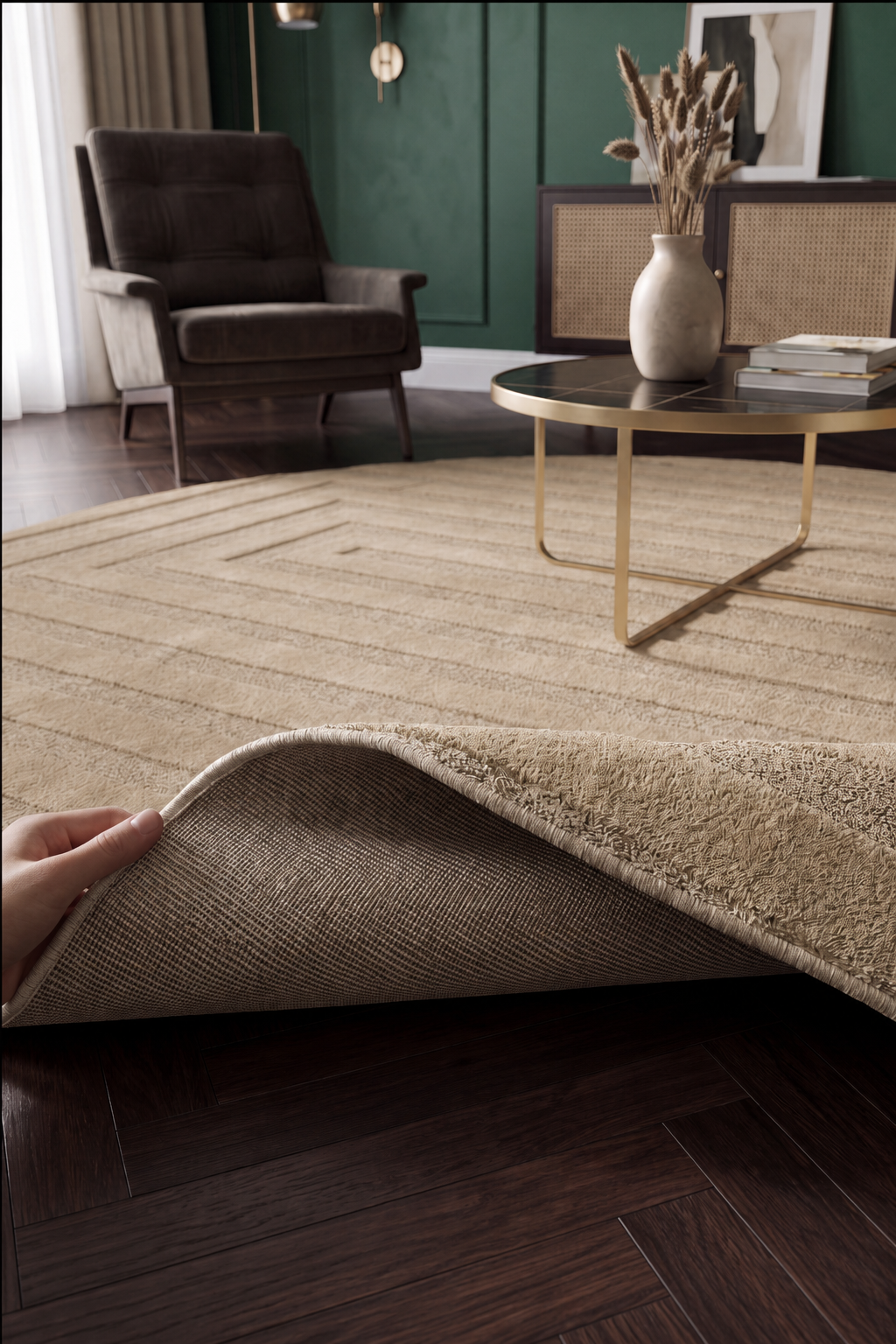 Rond Japandi Vloerkleed Linea Frame Beige