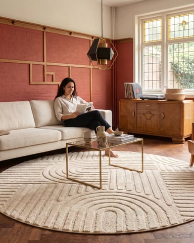 Rond Japandi Vloerkleed - Linea Curve Creme