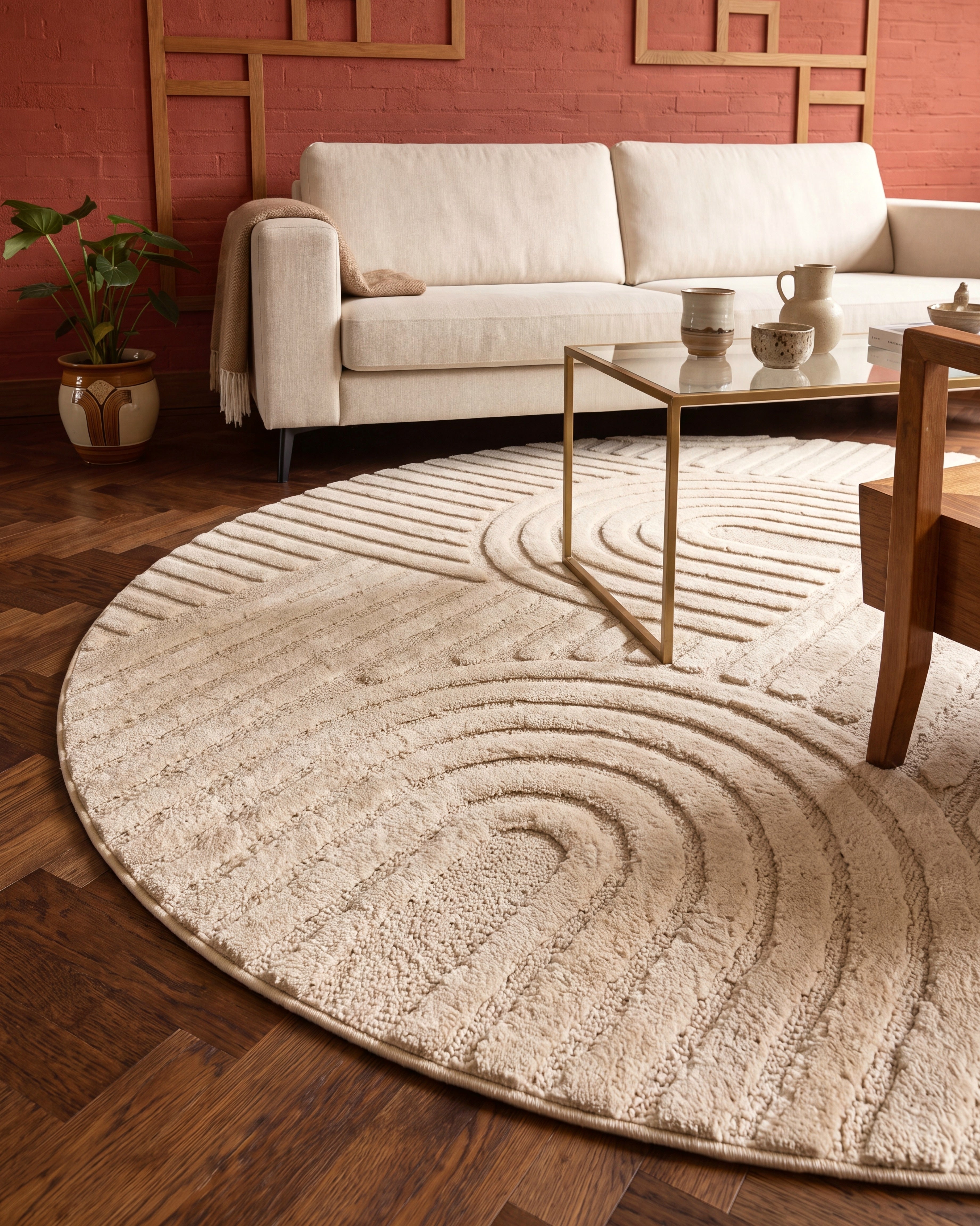 Rond Japandi Vloerkleed - Linea Curve Creme