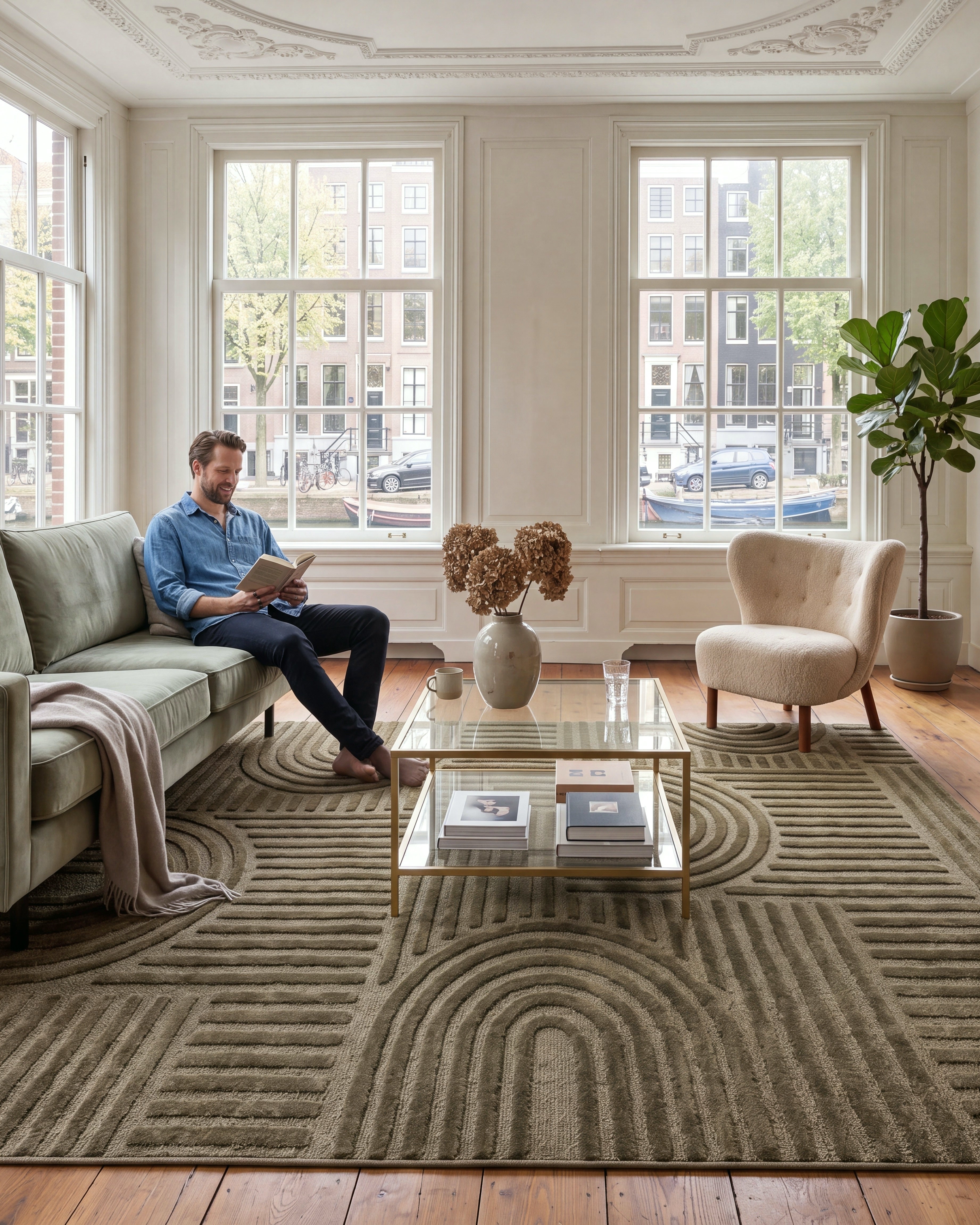 Japandi Vloerkleed Linea Curve Groen