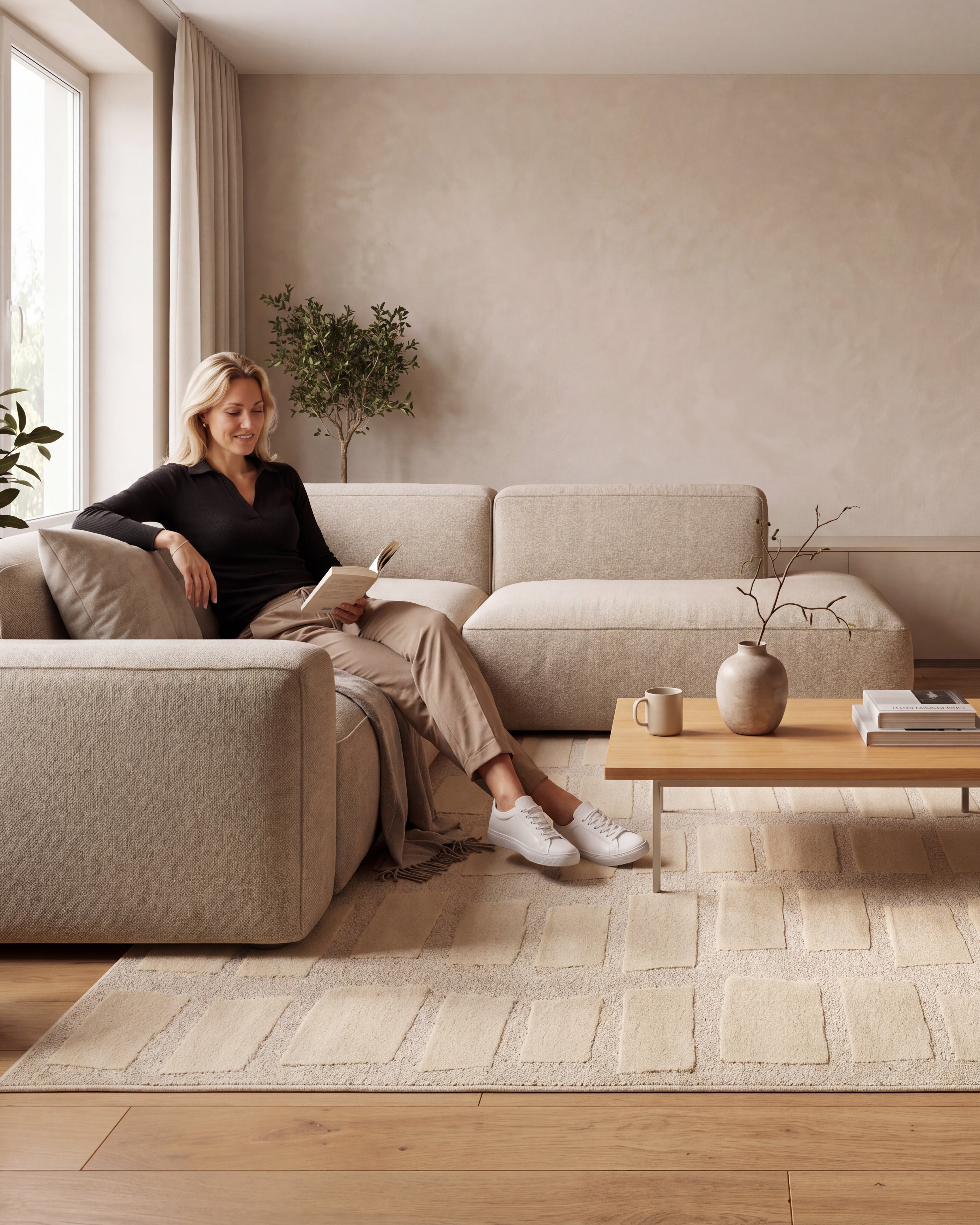Japandi Vloerkleed Linea Block Creme