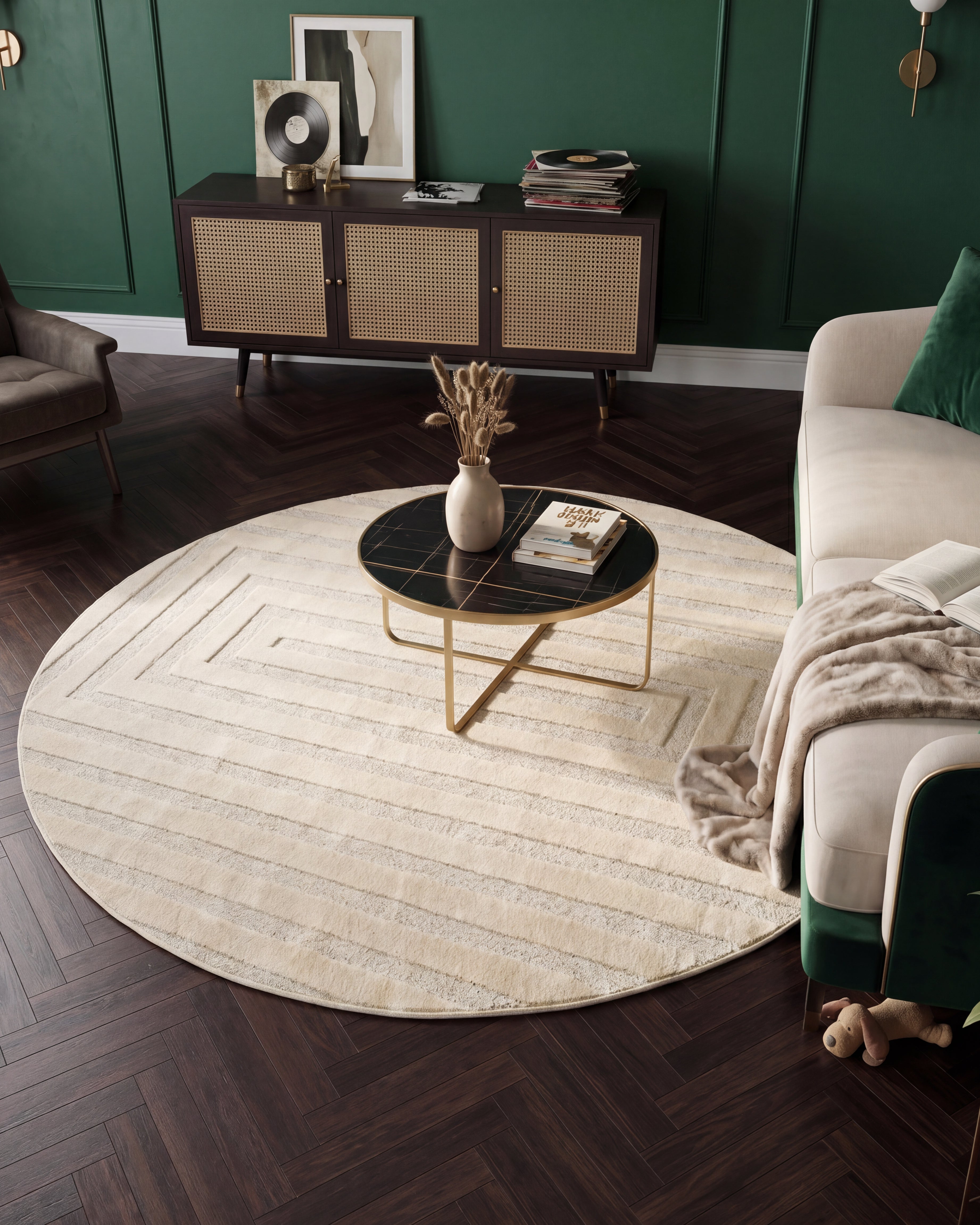 Rond Japandi Vloerkleed Linea Frame Creme