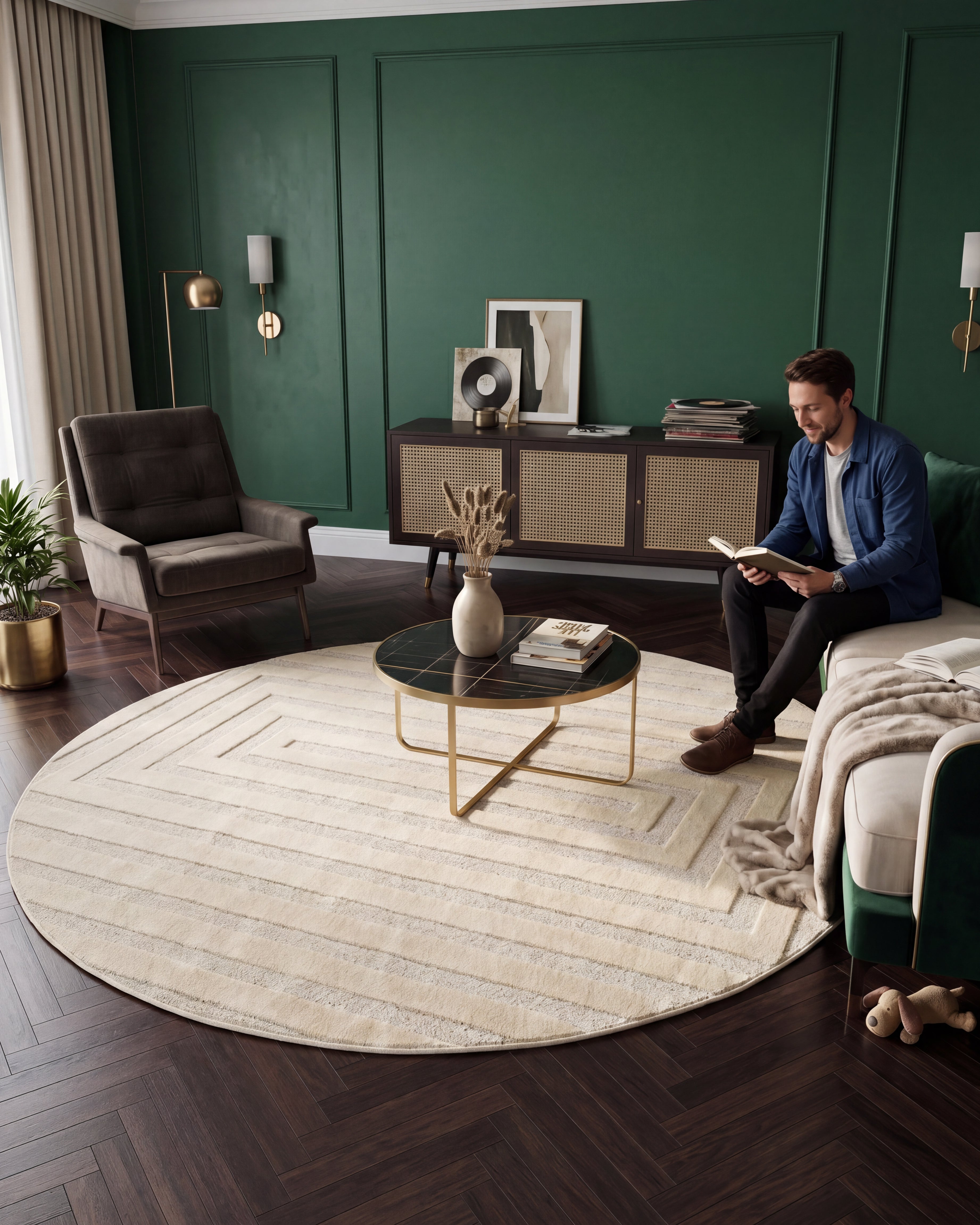 Rond Japandi Vloerkleed Linea Frame Creme