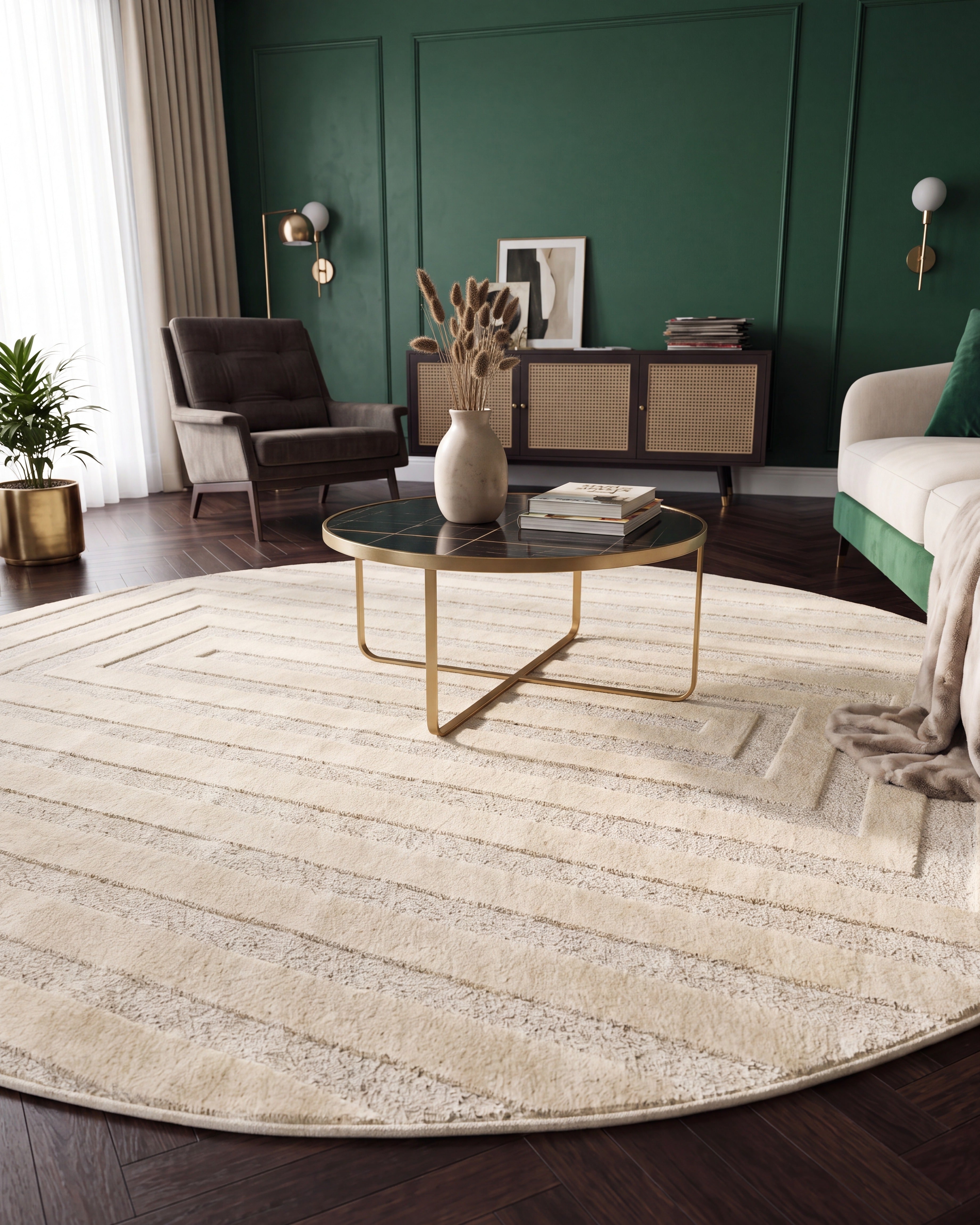 Rond Japandi Vloerkleed Linea Frame Creme