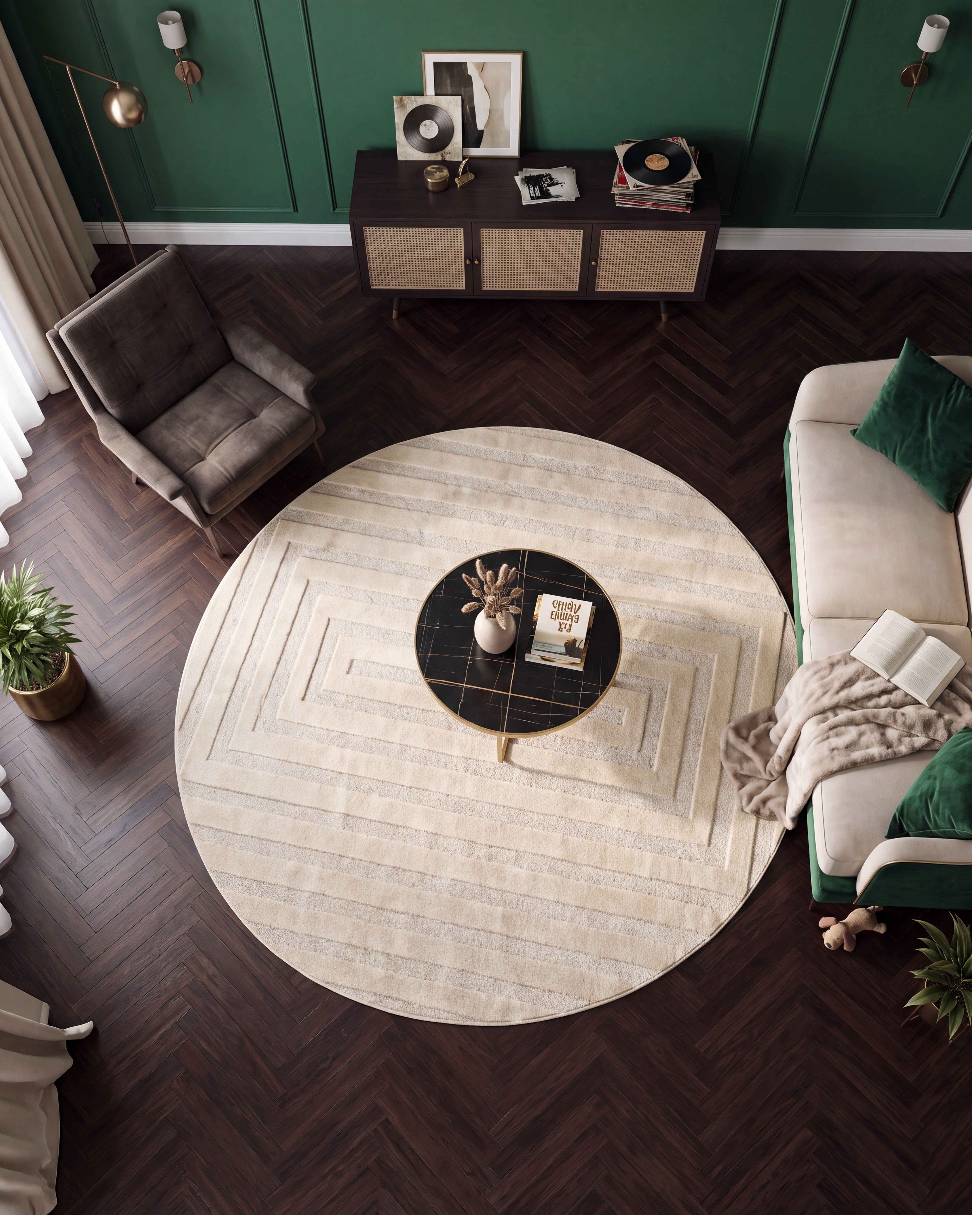 Rond Japandi Vloerkleed Linea Frame Creme