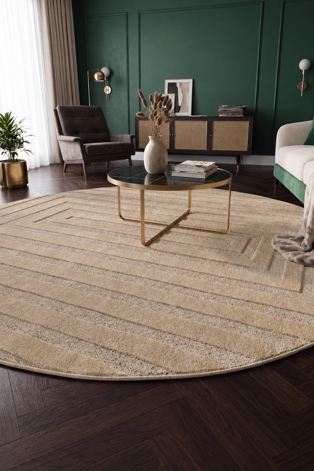 Rond Japandi Vloerkleed Linea Frame Beige