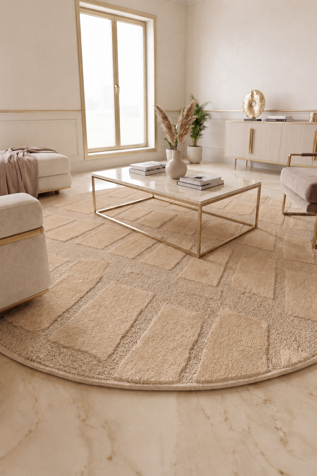 Rond Japandi Vloerkleed Linea Block Beige