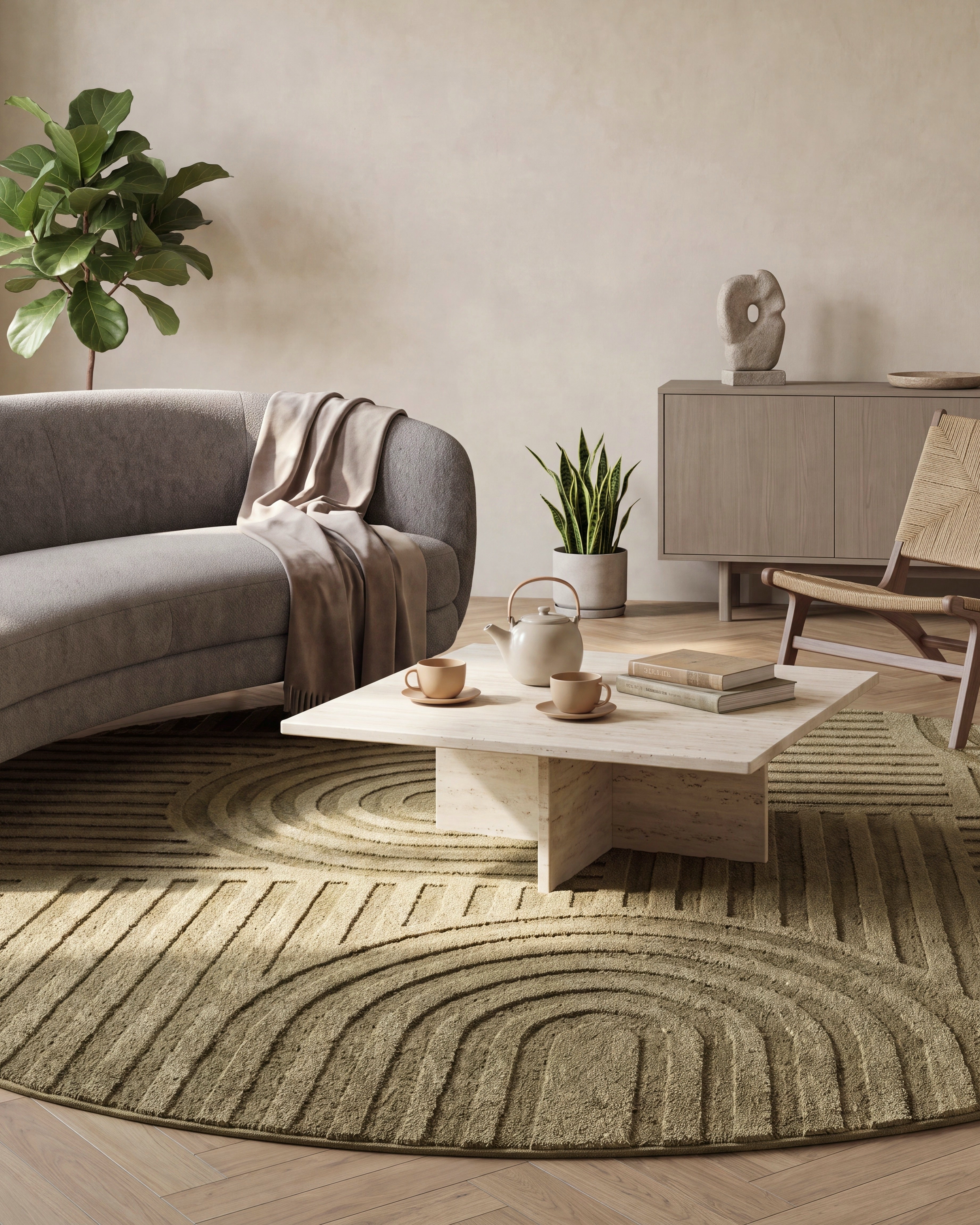 Rond Japandi Vloerkleed Linea Curve Groen
