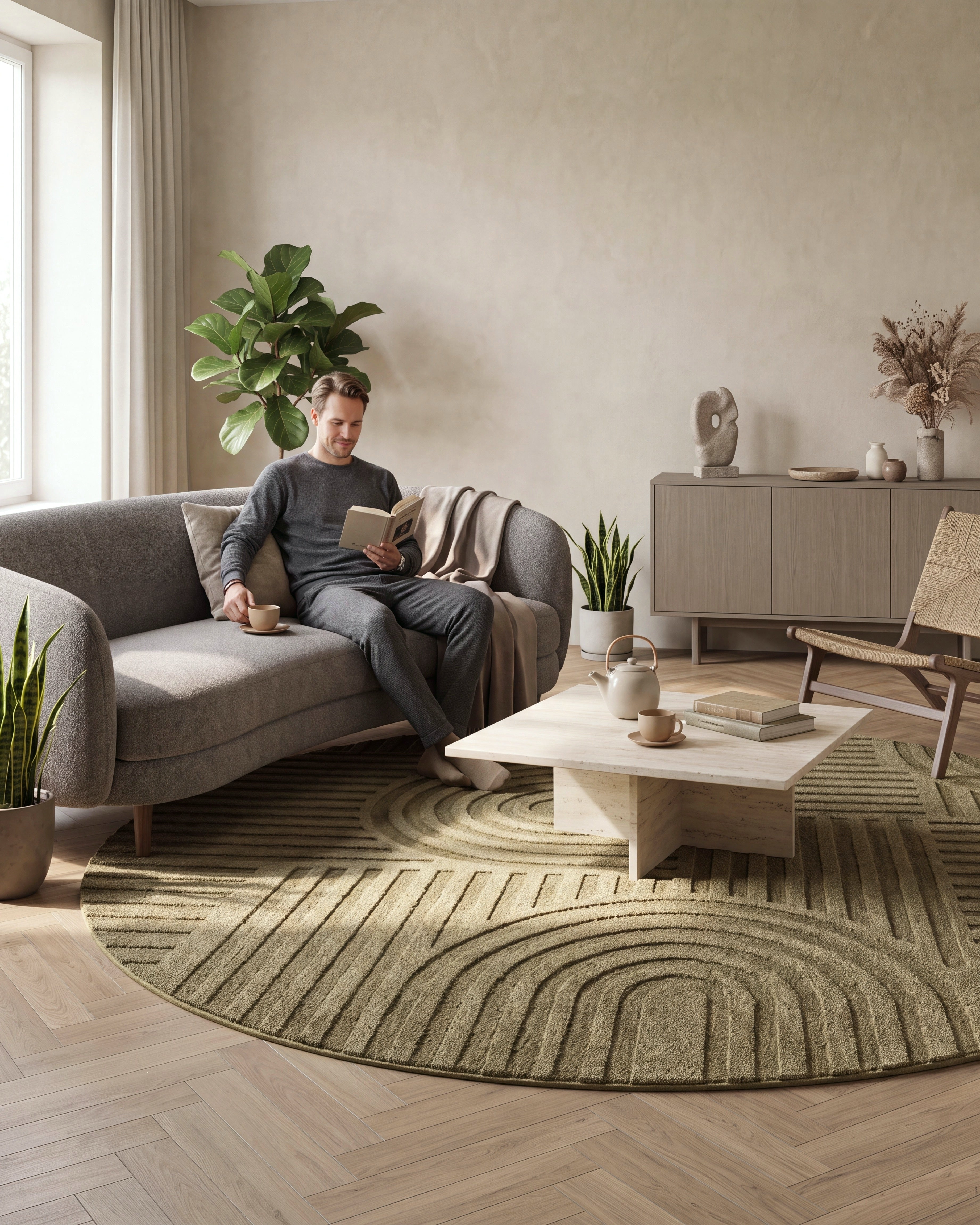 Rond Japandi Vloerkleed Linea Curve Groen
