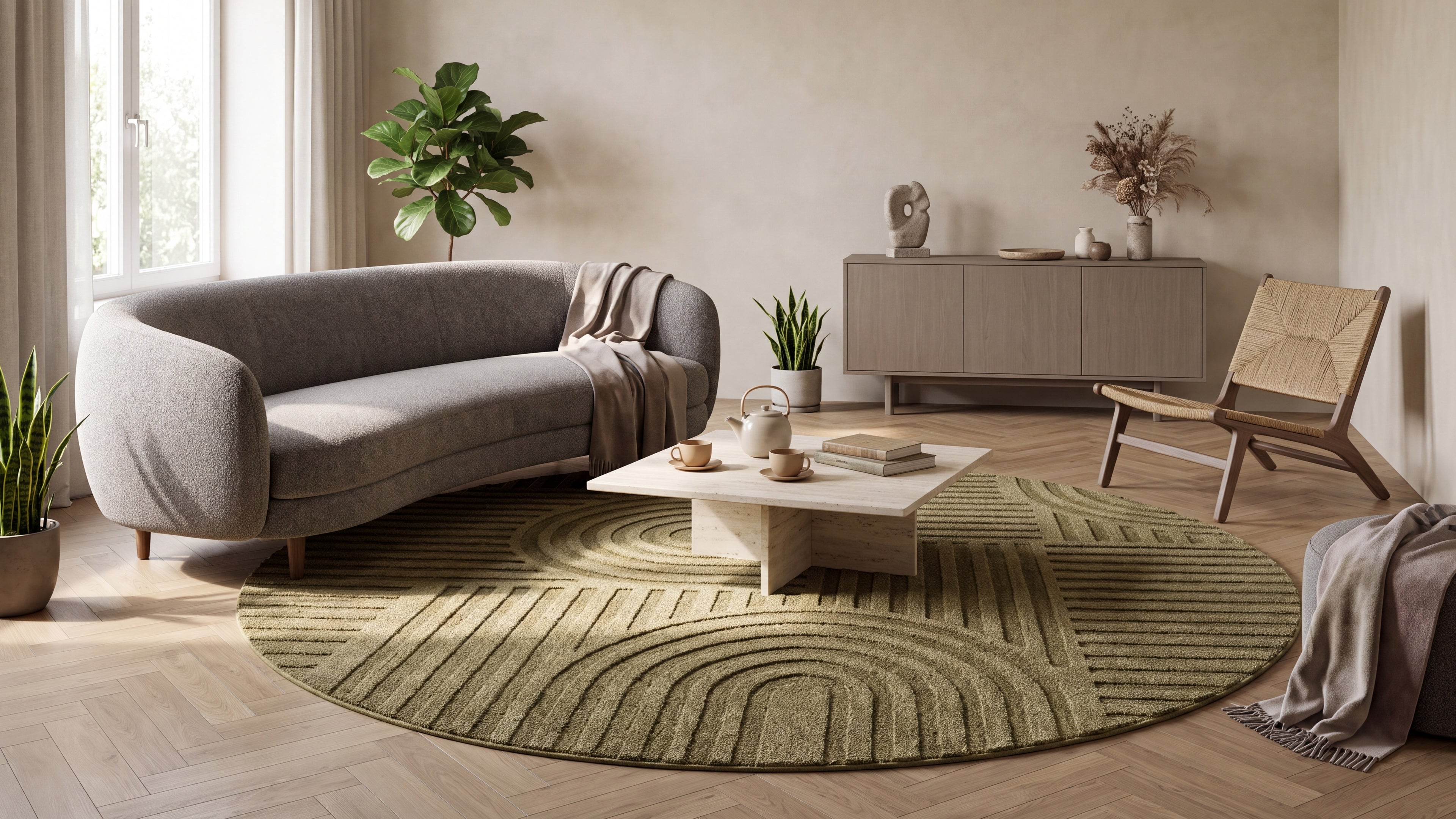 Rond Japandi Vloerkleed Linea Curve Groen