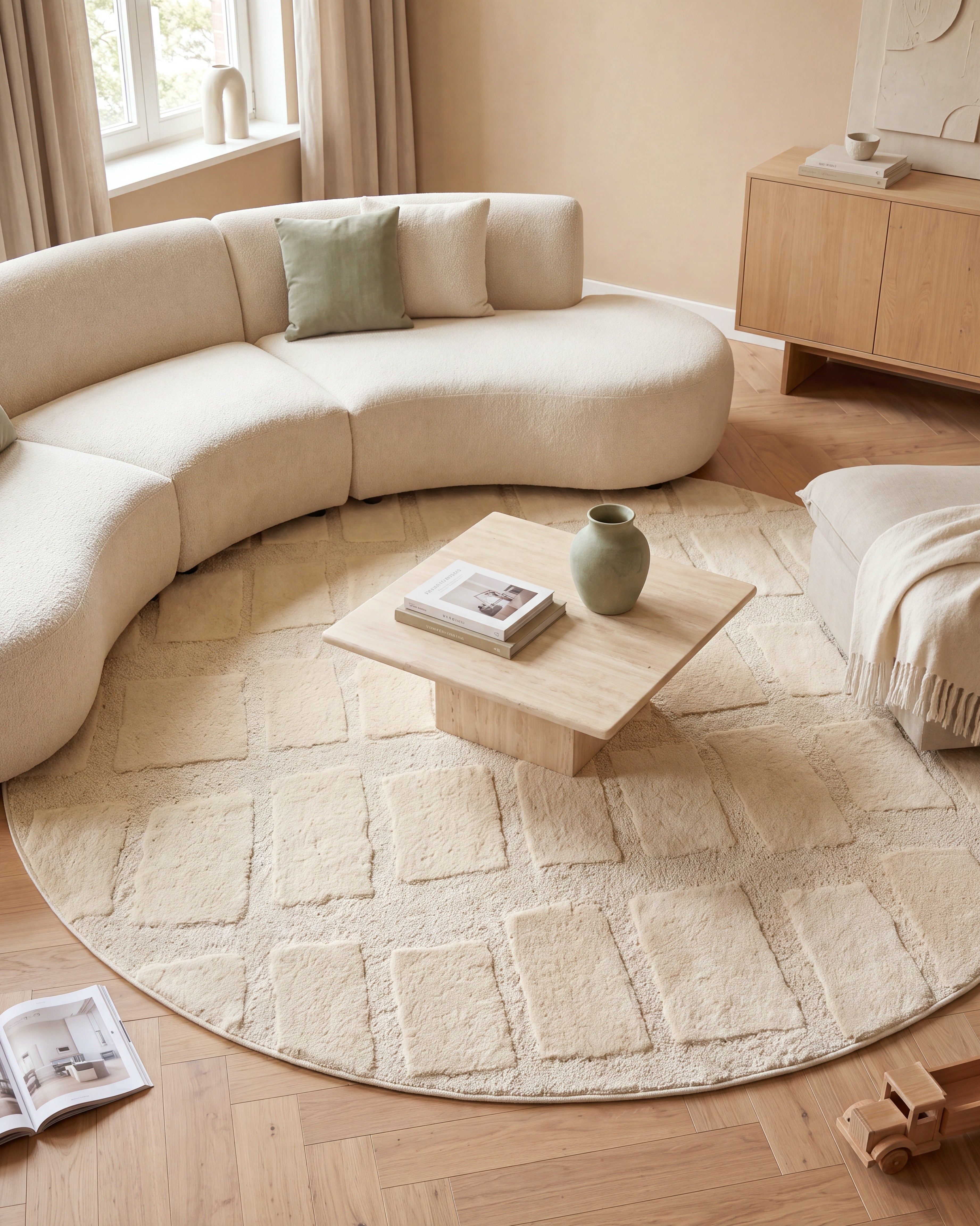 Rond Japandi Vloerkleed Linea Block Creme