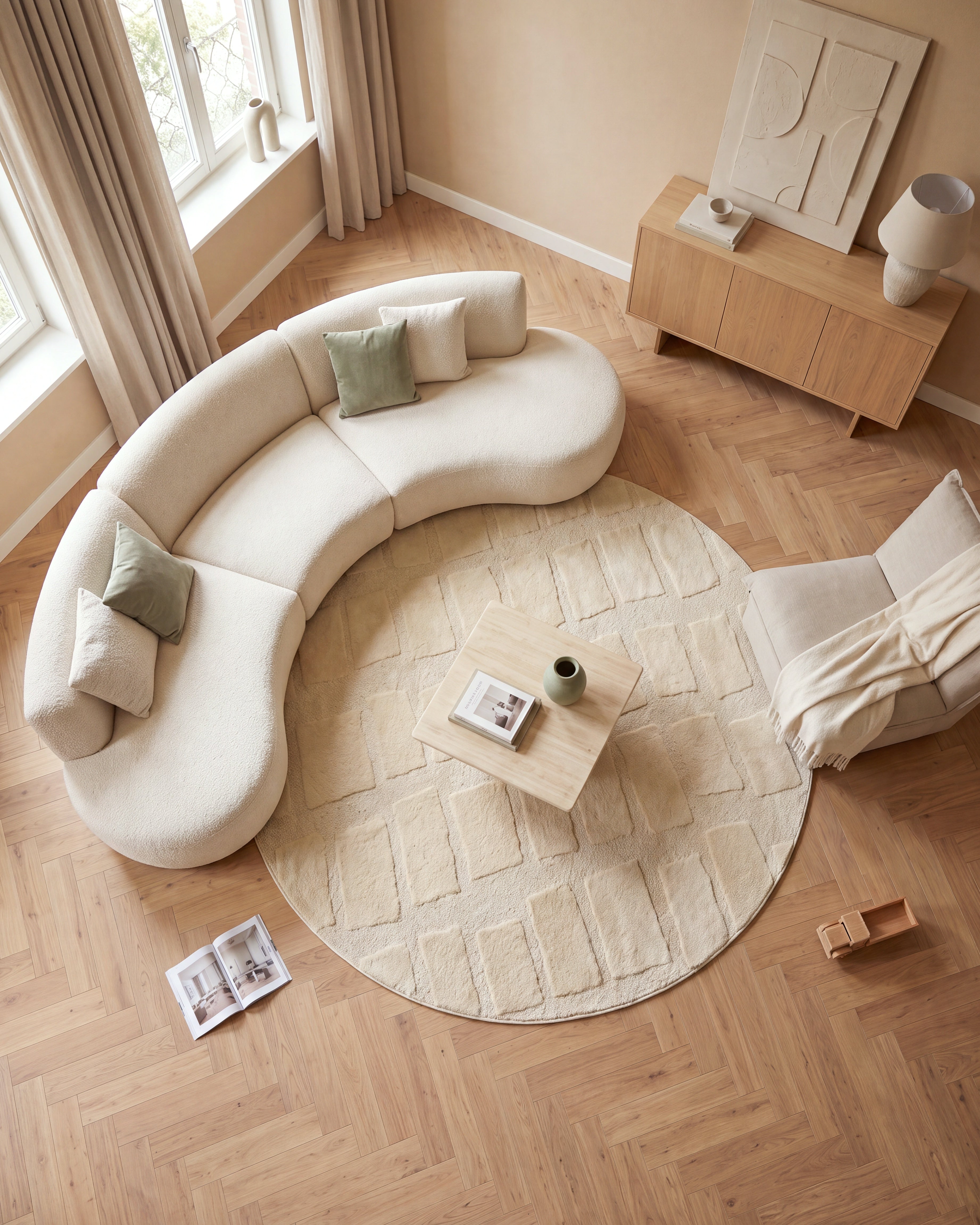 Rond Japandi Vloerkleed Linea Block Creme