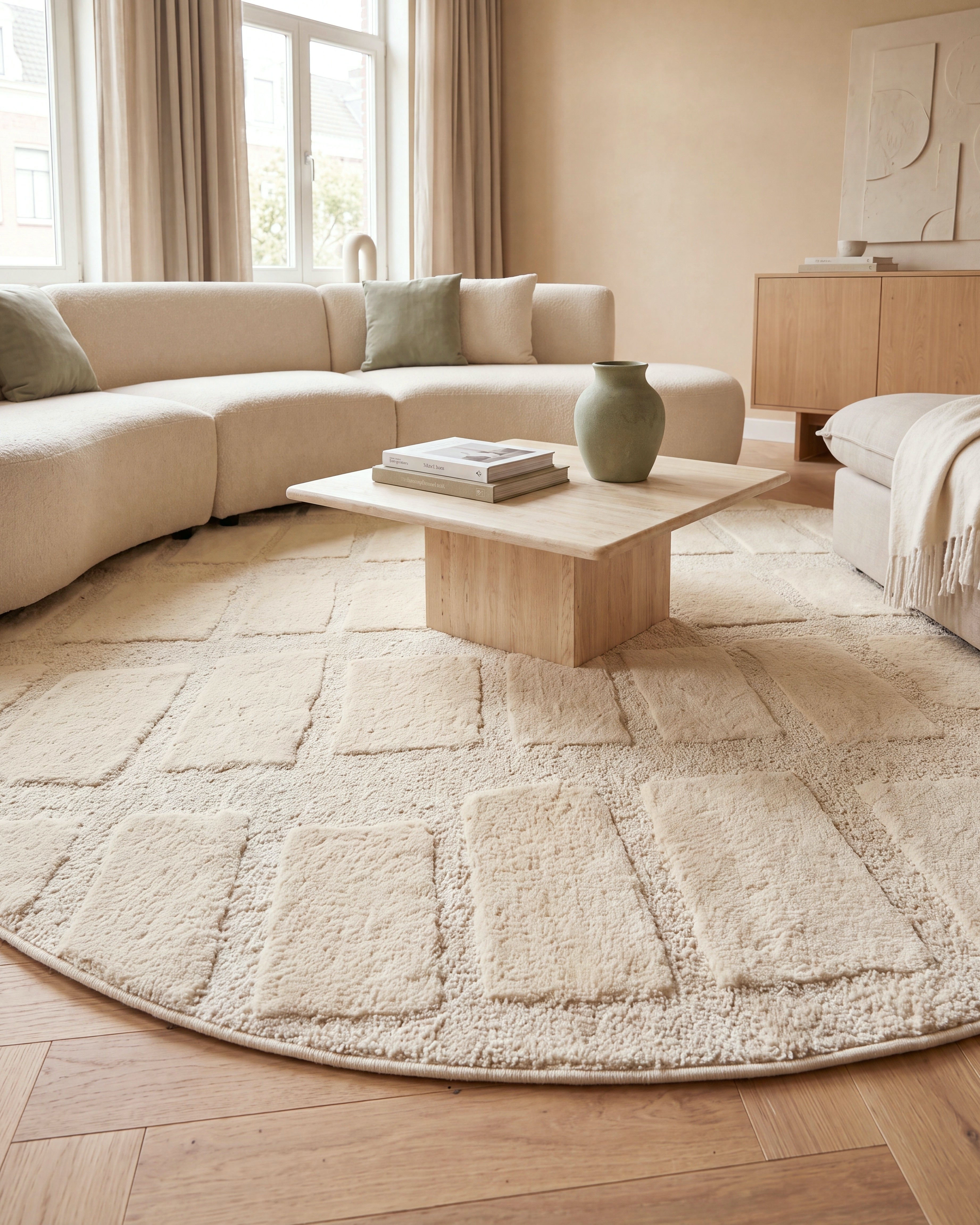 Rond Japandi Vloerkleed Linea Block Creme