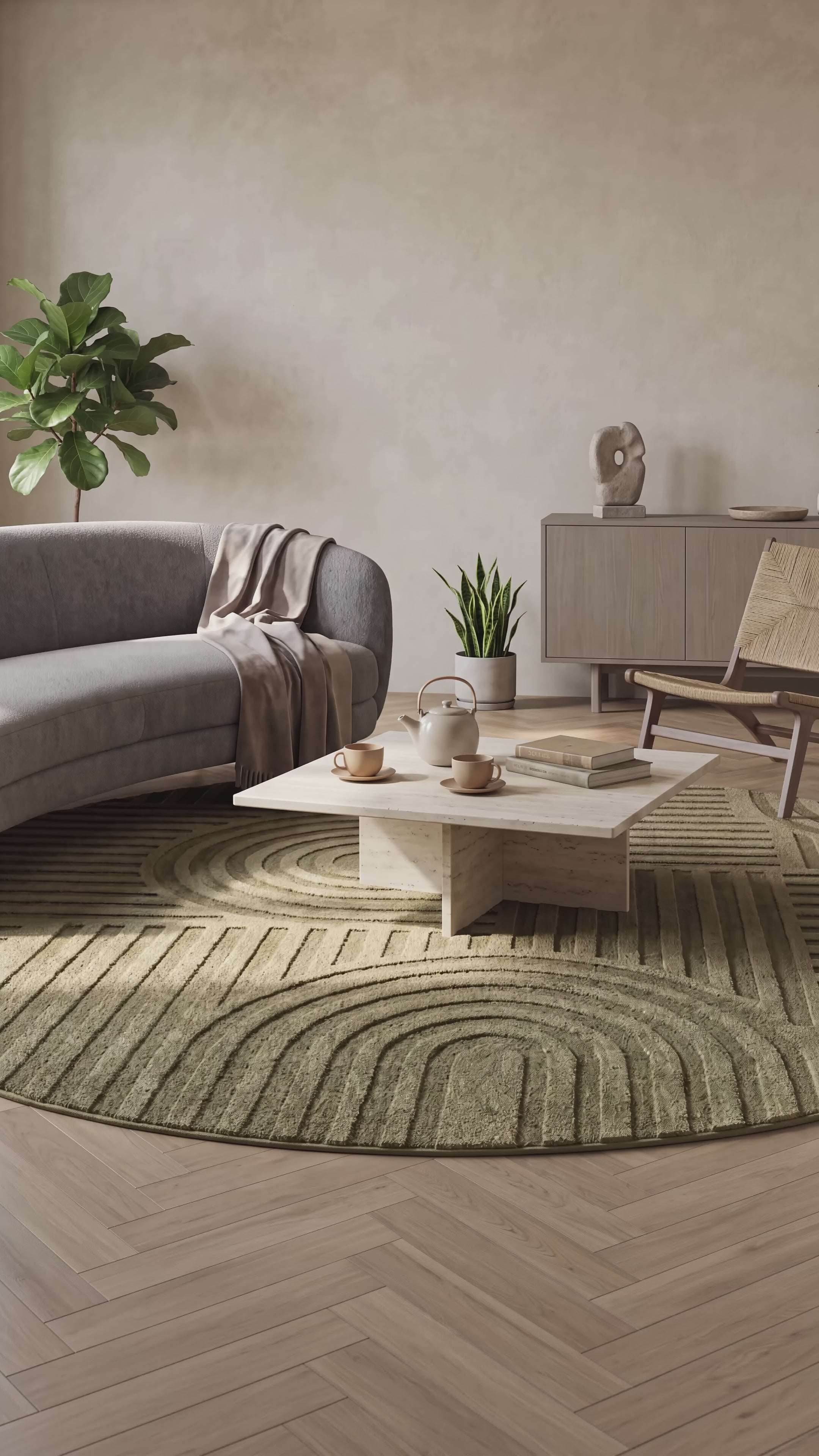 Rond Japandi Vloerkleed Linea Curve Groen