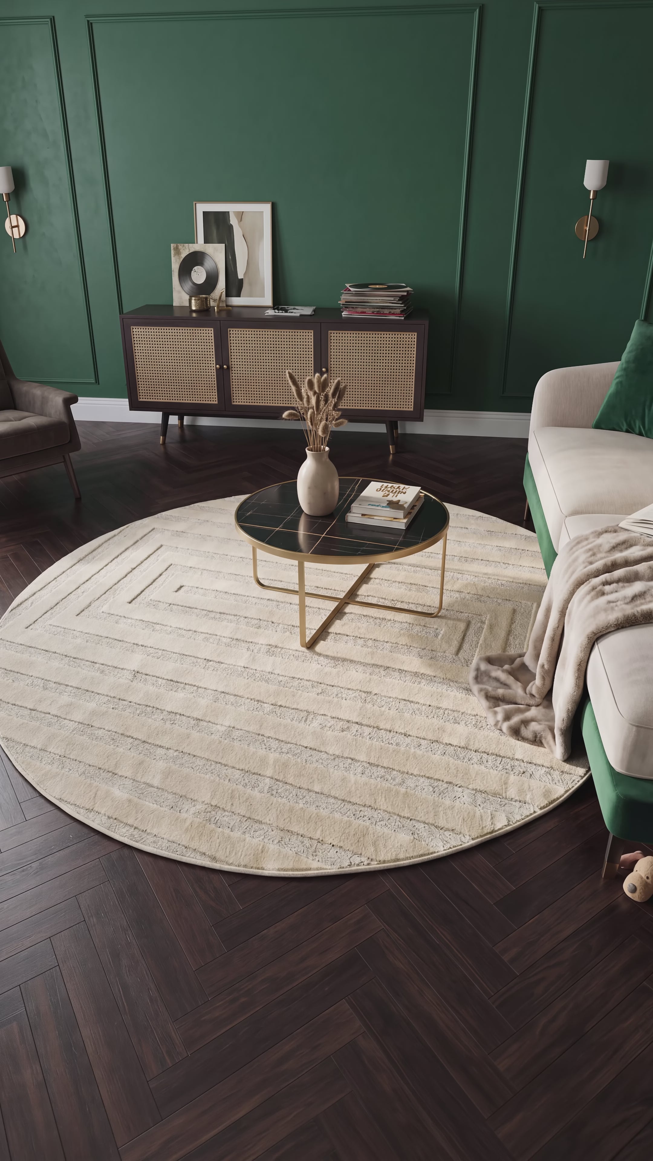 Rond Japandi Vloerkleed Linea Frame Creme